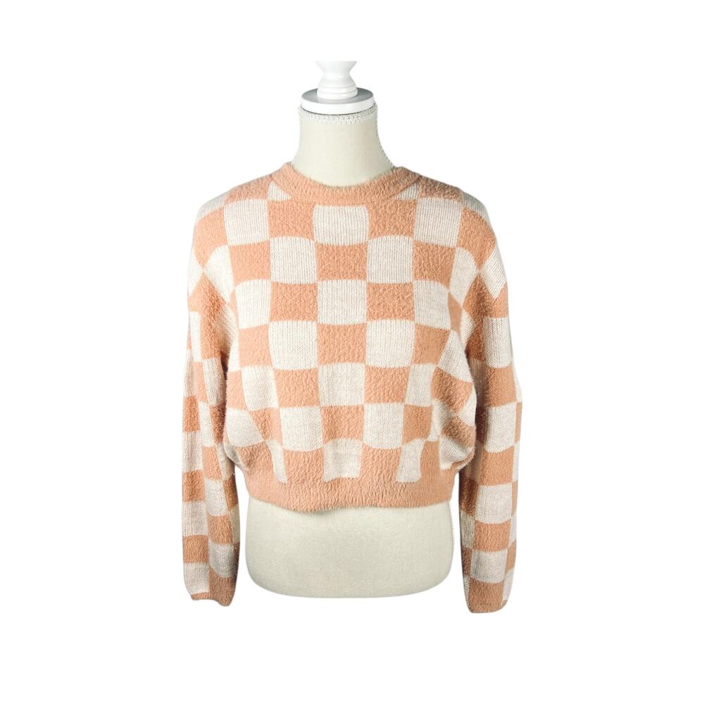 Pink Cream Checkerboard Cropped Fuzzy Sweater Y2K Soft Girl Medium